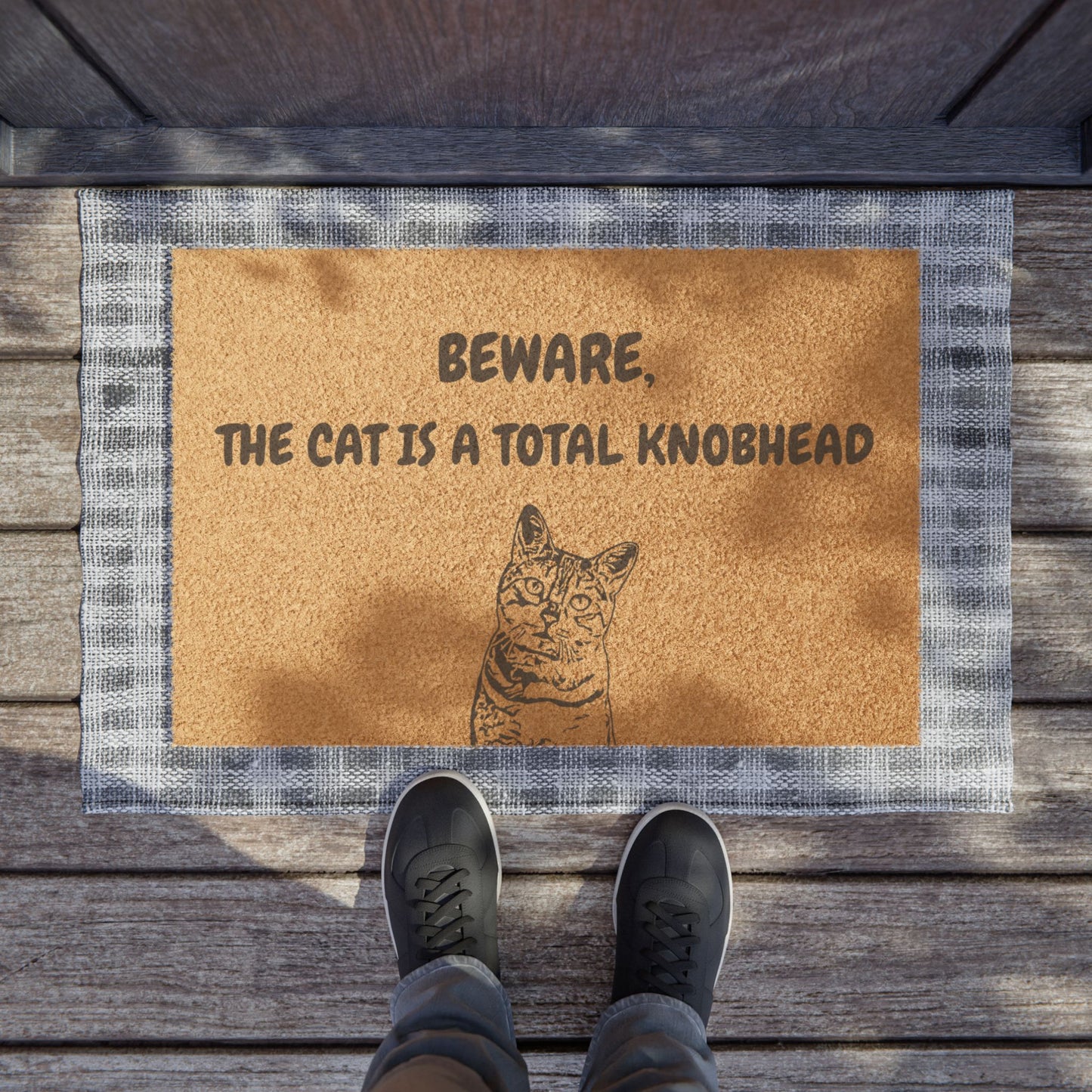Funny Pet Doormat – “Beware, The Cat Is A Total Knobhead” Welcome Mat | Pet Lover Gift, Cat Owner Home Decor, Funny Housewarming Gift, Outdoor Entry Mat