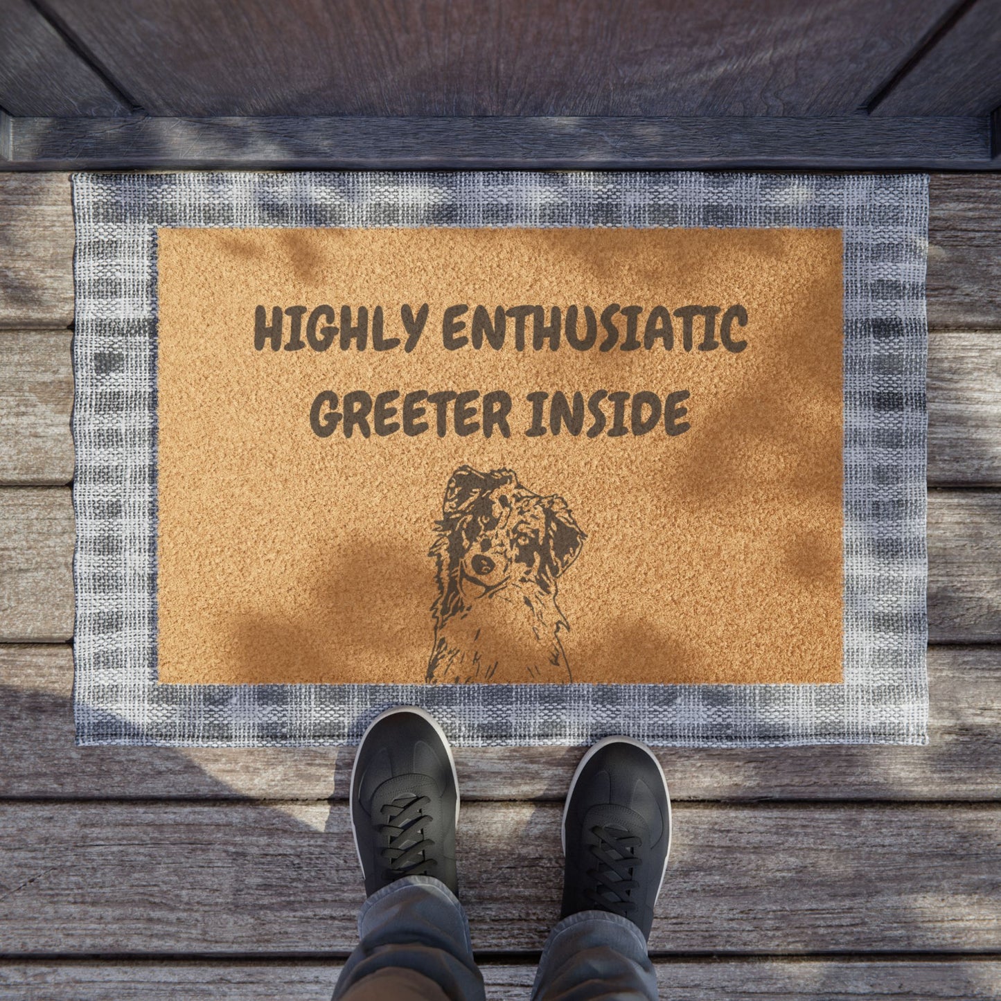 Funny Pet Doormat – “Highly Enthusiastic Greeter Inside” Welcome Mat | Pet Lover Gift, Dog Owner Home Decor, Funny Housewarming Gift, Outdoor Entry Mat
