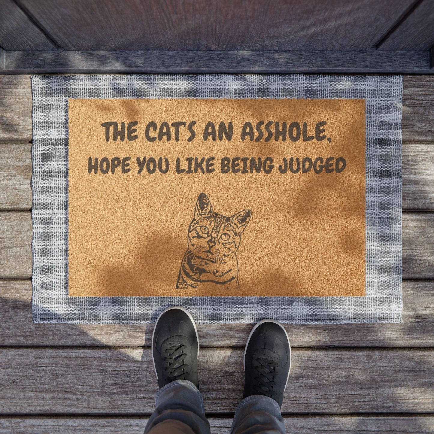 Funny Pet Doormat – “The Cat's An Asshole, Hope You Like Being Judged” Welcome Mat | Pet Lover Gift, Cat Owner Home Decor, Funny Housewarming Gift, Outdoor Entry Mat