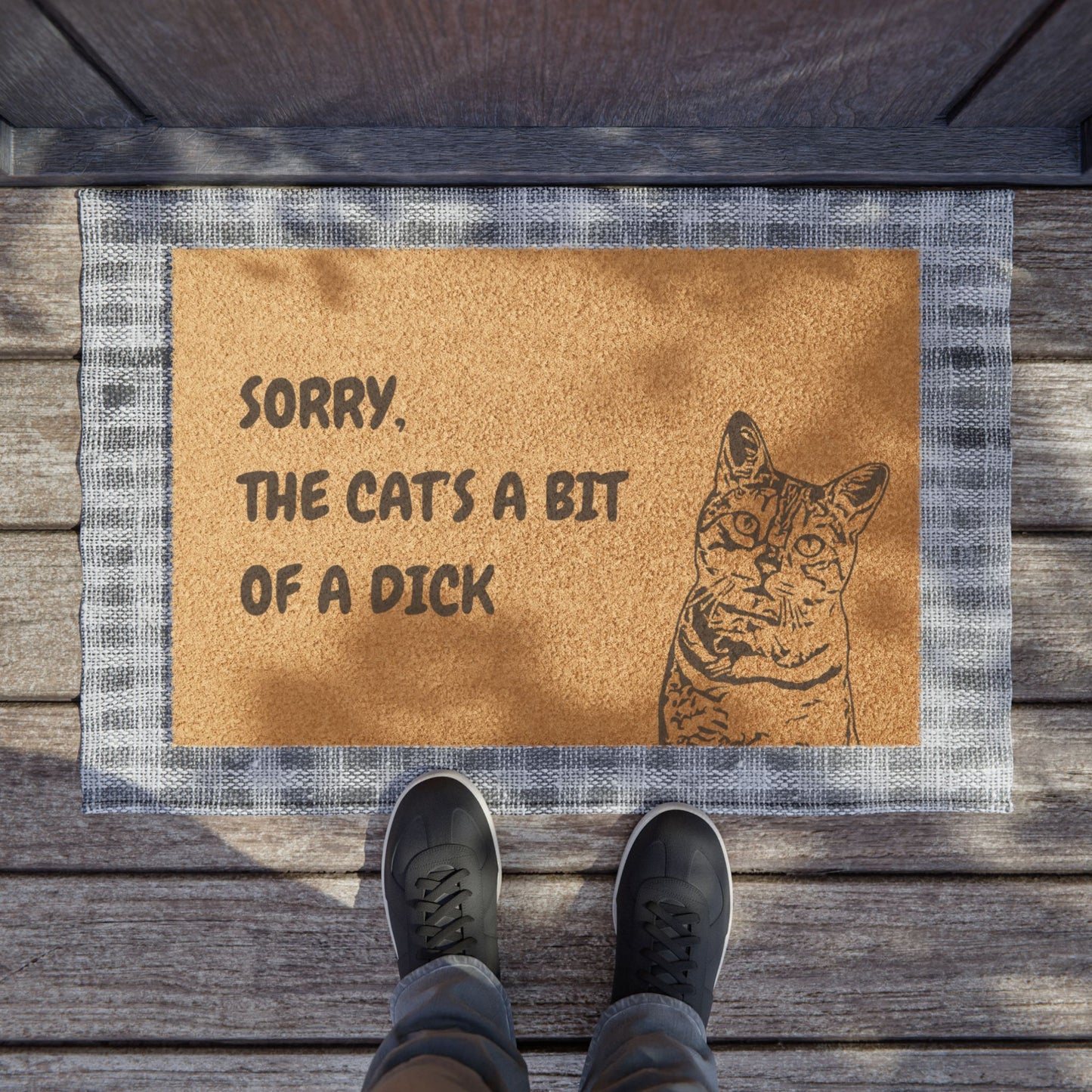 Funny Pet Doormat – “Sorry, the Cat’s A Bit Of A Dick” Welcome Mat | Pet Lover Gift, Cat Owner Home Decor, Funny Housewarming Gift, Outdoor Entry Mat