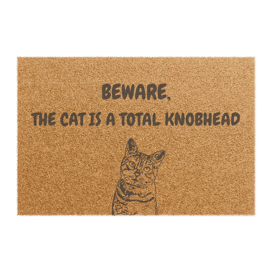Funny Pet Doormat – “Beware, The Cat Is A Total Knobhead” Welcome Mat | Pet Lover Gift, Cat Owner Home Decor, Funny Housewarming Gift, Outdoor Entry Mat